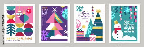 Merry Christmas and Happy New Year Set of greeting cards, posters, holiday covers. Abstract design with Christmas decorative elements. Modern minimalist geometric style.