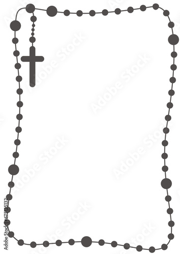 Rosary beads frame with copyspace for text. Chain and cross. Religion Christian catholic symbol. Vector silhouette border.