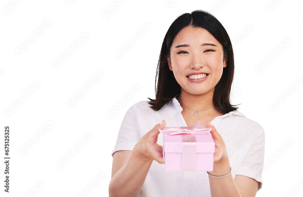 Portrait, happy woman and smile with gift for giveaway, prize or present for celebration. Asian person, face or excited expression for ribbon, box and isolated on transparent png background for event Portrait, happy woman and smile with gift for giveaway, prize or present for celebration. Asian person, face or excited expression for ribbon, box and isolated on transparent png background for event