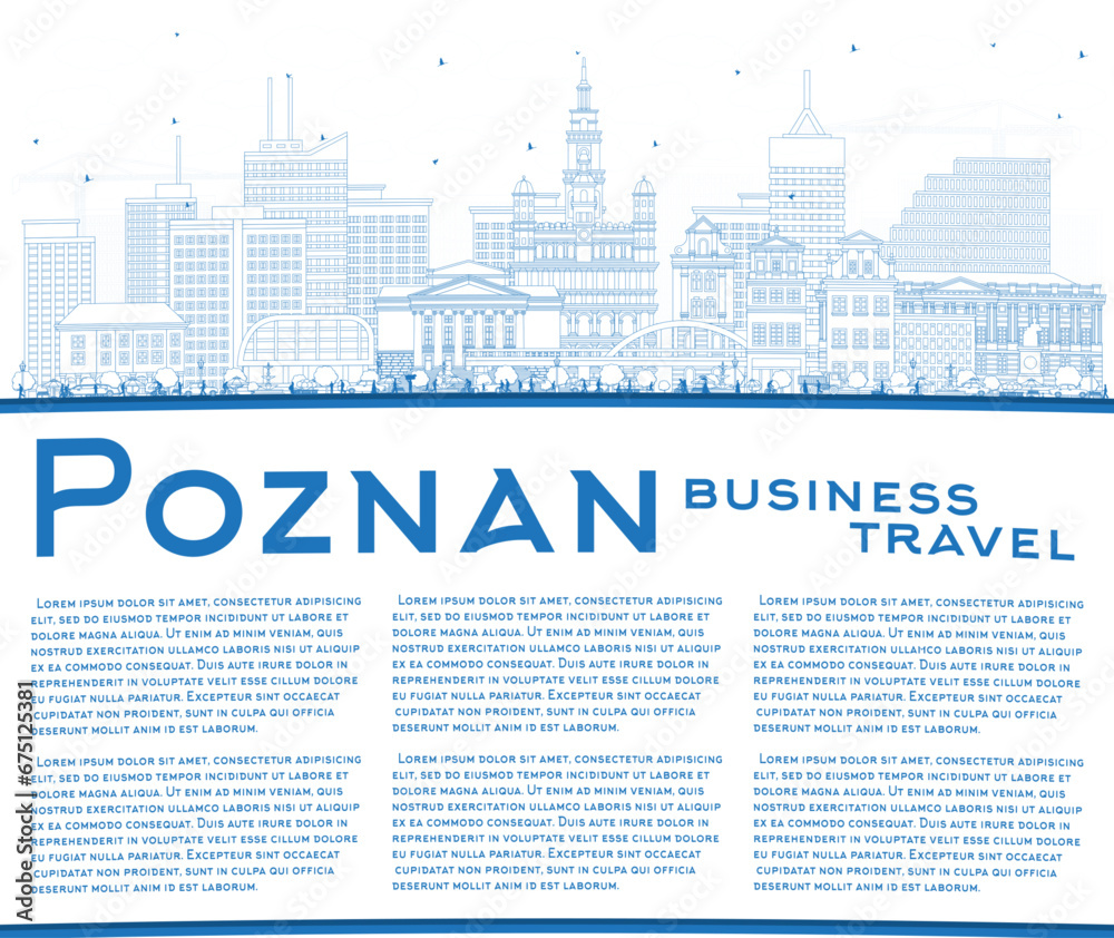 Outline Poznan Poland City Skyline with Blue Buildings and copy space. Poznan Cityscape with Landmarks. Business Travel and Tourism Concept with Historic Architecture.
