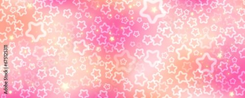 Pink sky with stars and bokeh. Kawaii fantasy background. Magic glitter space with iridescent texture. Abstract vector wallpaper