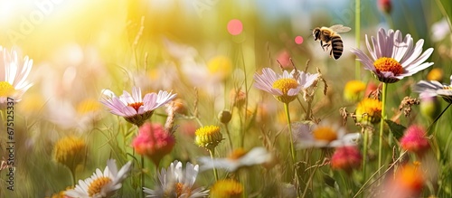 In the vibrant summer landscape the green grass and colorful flowers create a beautiful background in the garden where the sun illuminates the floral beauty and invites bees to enjoy the na © TheWaterMeloonProjec