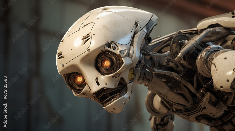 Robotic head with glowing eyes and mechanical neck on blurred background. Robotic head with glowing eyes and mechanical neck on blurred background.