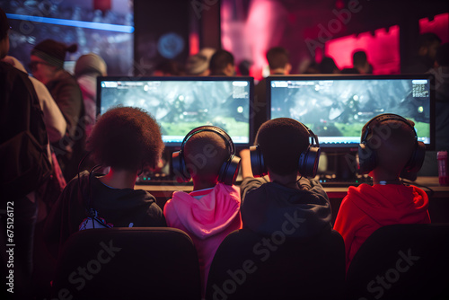 diverse shot of young kids watching esports competition event at gaming conference