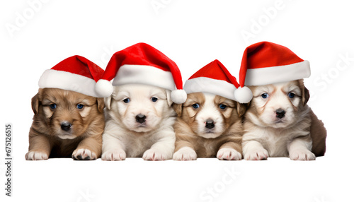 puppies wearing santa hat isolated on white background © Chanya2498