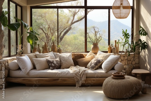 Boho home interior design of modern living room with beige fabric sofa against a window