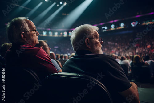 two old men watching esports competition event at gaming conference