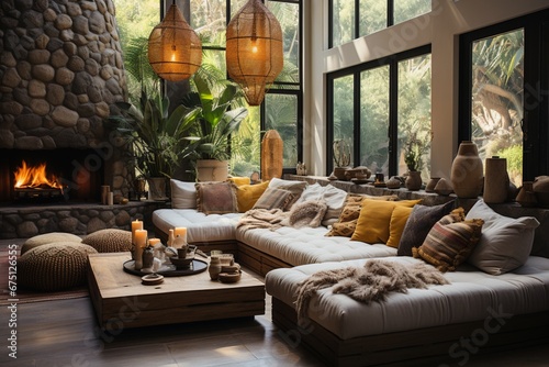 Boho home interior design of modern living room