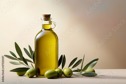 Bottle of olive oil and green olives with leaves on light background