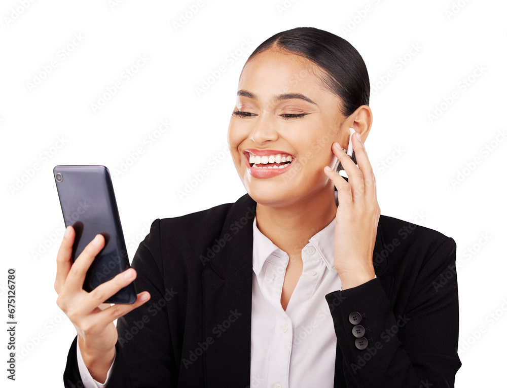 Smile, phone and earphones of a business woman isolated on a transparent PNG background. Female person or employee in video call on mobile smartphone for communication, virtual meeting or networking Smile, phone and earphones of a business woman isolated on a transparent PNG background. Female person or employee in video call on mobile smartphone for communication, virtual meeting or networking