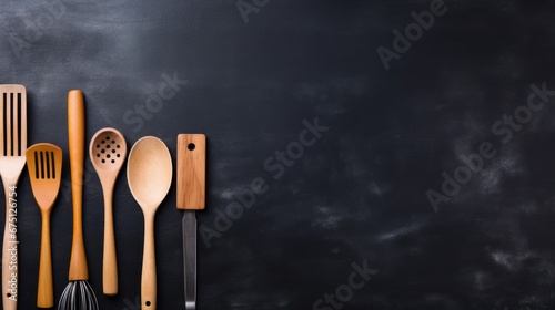 Details in kitchen,Kitchen utensils (cooking tools) on black chalkboard background