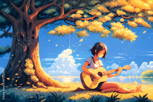 girl playing guitar under the tree Generative AI © 현웅 장