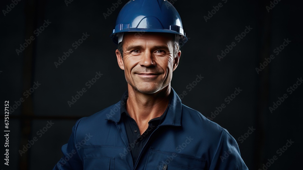 Fototapeta premium portrait of construction manager looking to camera, smiling, dark blue background