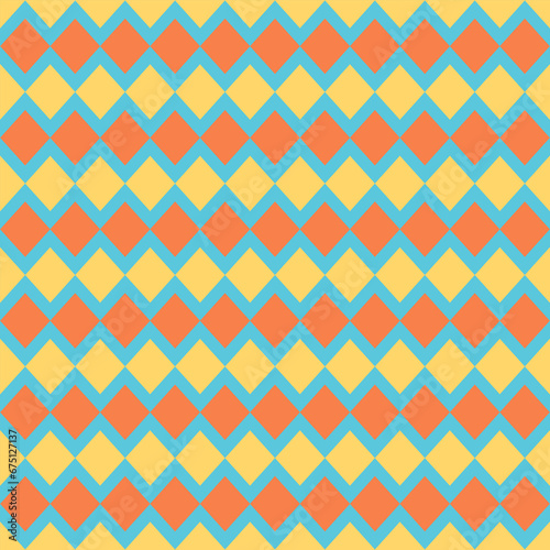 Retro diamond shape seamless background in blue, yellow and orange color. 60d and 70s retro aesthetic style. Design for background, card, poster, backdrop, wrapping paper  wallpaper, and etc. photo