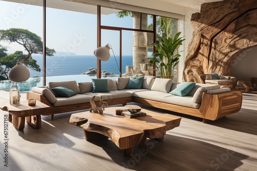 Coastal interior design of modern spacious living room in a villa by the seaside, featuring wooden rustic furniture and panoramic windows