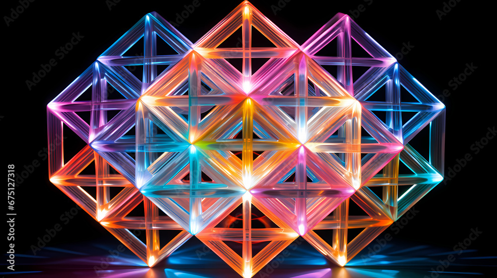 A holographic lattice structure with floating geometric shapes that defy physics, glowing with inner light