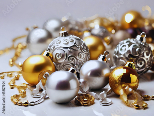Gold and silver Christmas baubles, Festive Background. Beautiful Christmas Decorations. Christmas balls