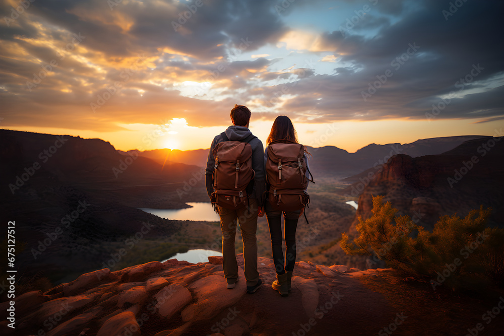 Rear view of traveler couple stand on mountain looking on beautiful view.