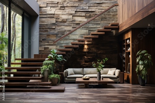 Cozy home interior design of modern entrance hall with a wooden staircase and stone cladding wall
