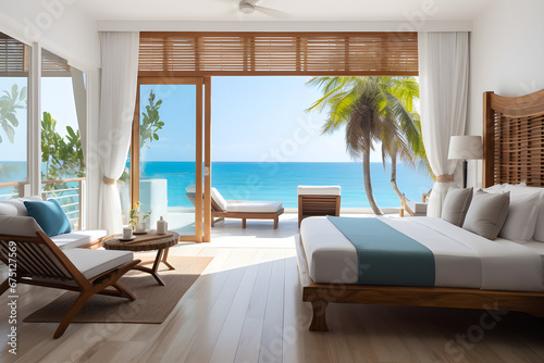 Sea view bedroom in luxury beach house or modern villa. Home interior, tropical resort concept © Patcharaphon