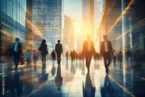 Businesspeople walking in business center corridor conspicuous motion blu