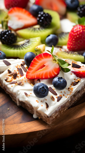 yoghurt bark With Fresh Fruits, strawberry, kiwi, serve on Wooden Board