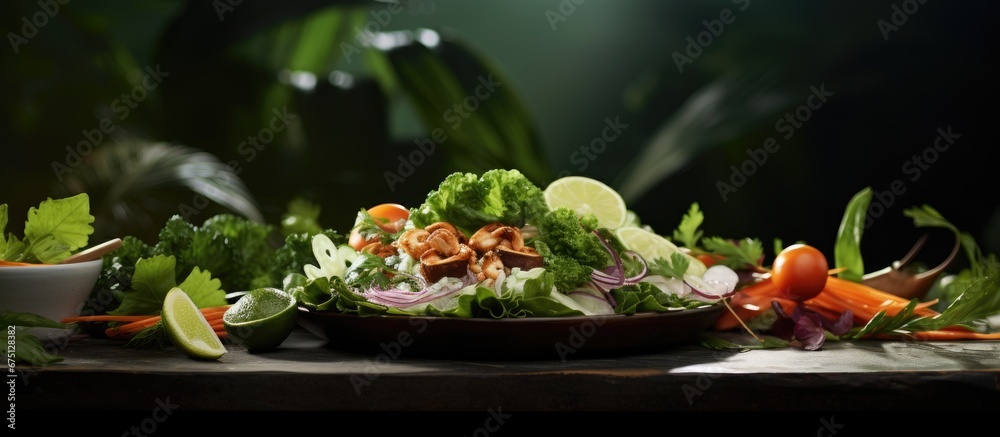 In Asian cuisine a gourmet meal is prepared with a natural and organic approach featuring healthy vegetables white and green on a leafy background showcasing the art of cooking