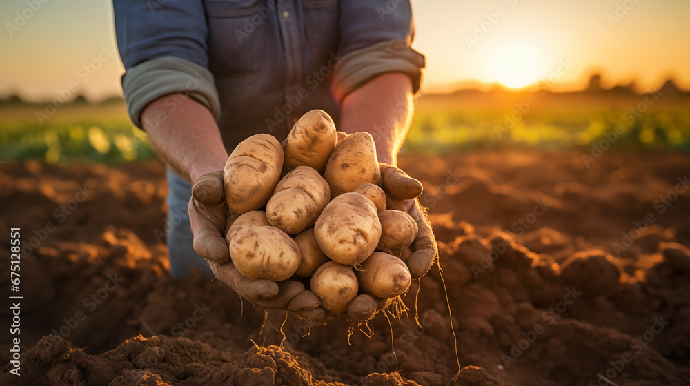 Farmer holding fresh harvested potatoes on field at sunset, closeup.  - obrazy, fototapety, plakaty 