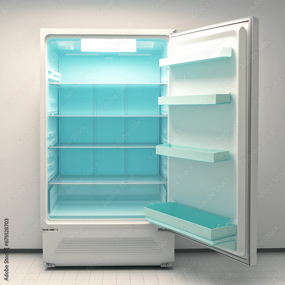 3D rendering of an open white fridge with a light blue light inside 3D rendering of an open white fridge with a light blue light inside