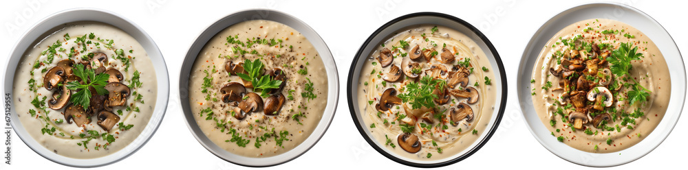 top view of four plates with creamy mushroom soup top view of four plates with creamy mushroom soup