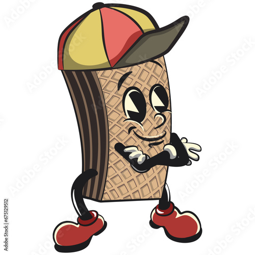 vintage mascot pair of wafer chocolate characters with funny faces wearing casual baseball caps walking in cool style, isolated cartoon vector illustration. emoticon, cute vintage wafer mascot