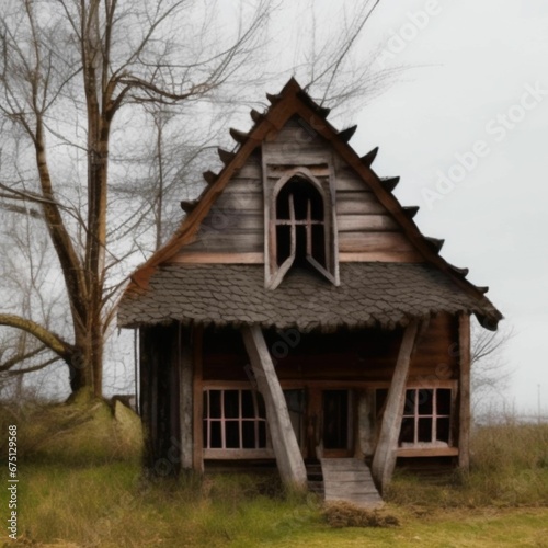 AI-generated illustration of a small wooden house with an empty yard © Wirestock