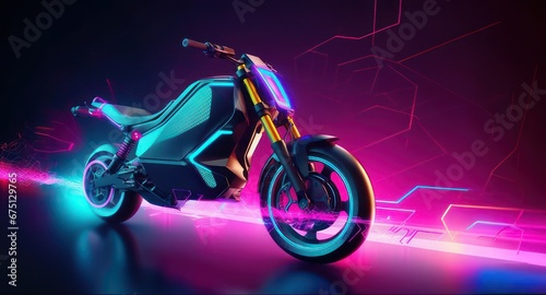 Bright purple and azure futuristic motorcycle with neon lights against dark background.. © 18042011