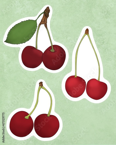 Set Delicious fresh ripe cherries fruit flat illustration design. Printable c...