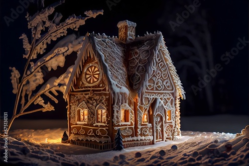 AI generated illustration of an illuminated gingerbread house with snow covered landscape