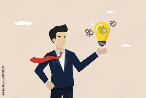 The concept of a new idea, having a brilliant idea for a company, the concept of a new idea for a business, a smart entrepreneur with a big idea that lights up.