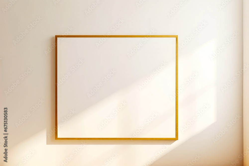 White wall with gold frame hanging on it's side. White wall with gold frame hanging on it's side.