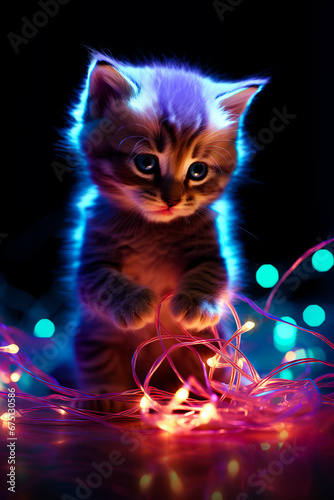 Kitten is walking through bunch of lights and streamers.