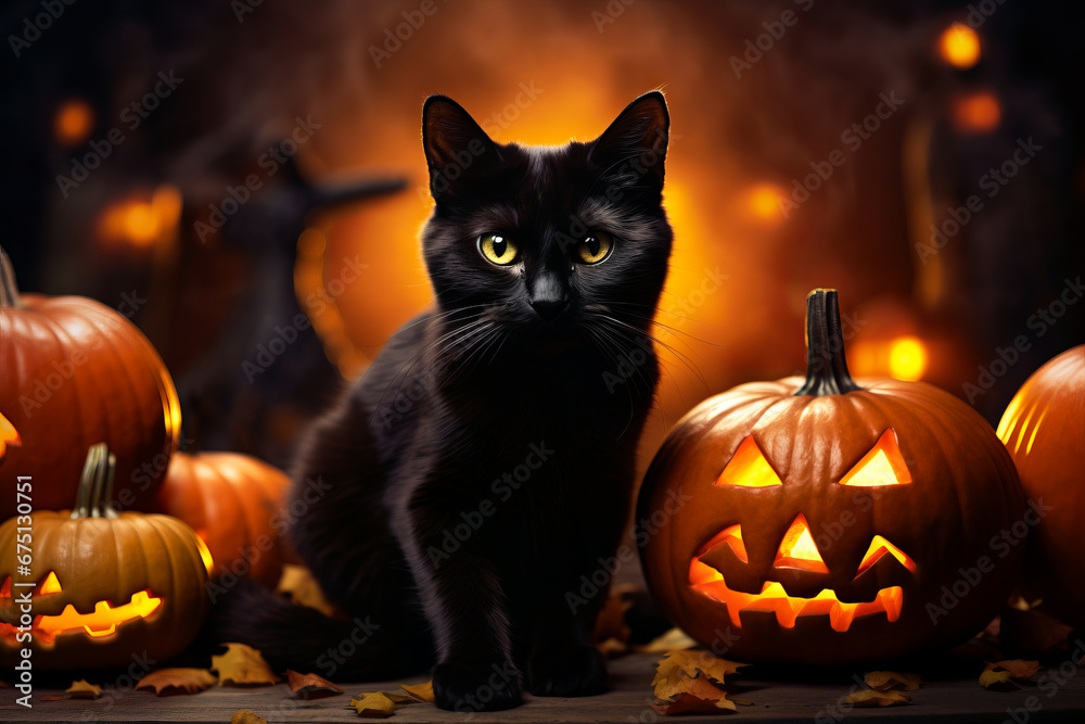 Black cat sitting next to pumpkin and jack o lantern. Black cat sitting next to pumpkin and jack o lantern.