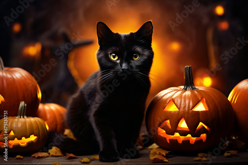 Black cat sitting next to pumpkin and jack o lantern.