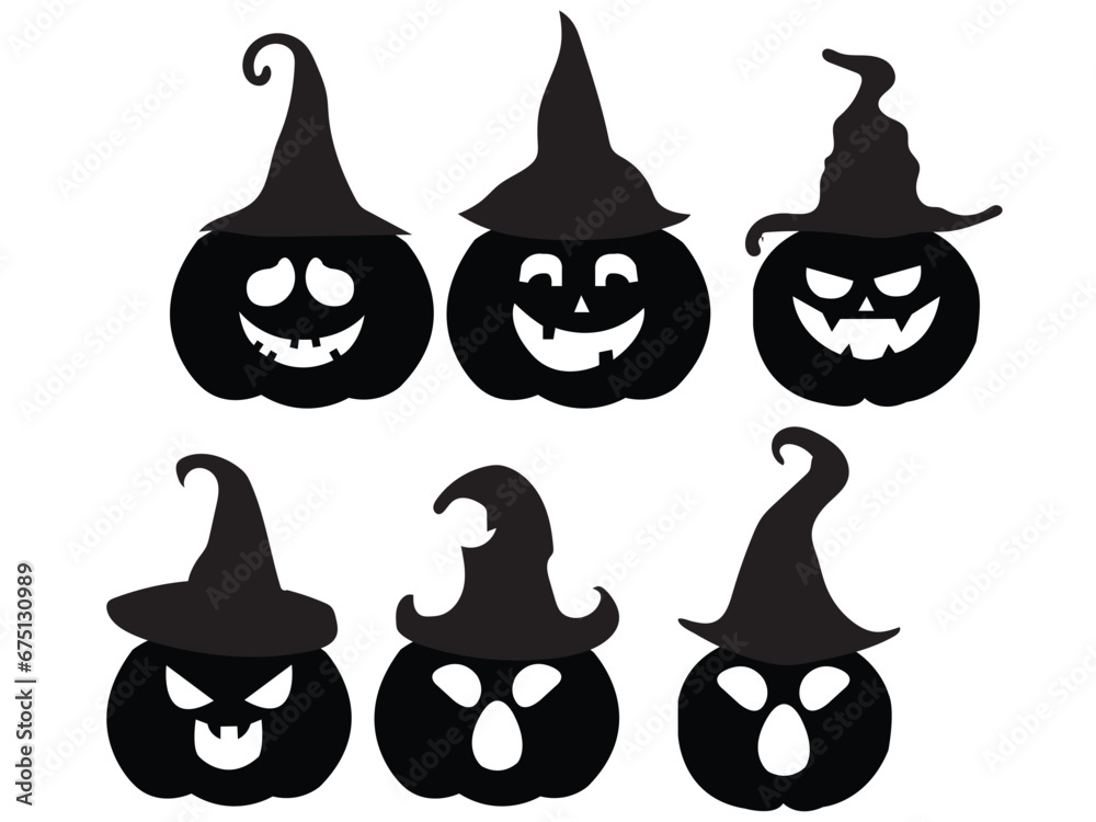 Halloween pumpkin icon set in black  colors. Simple pumpkin vector line drawing in filled and outlined style