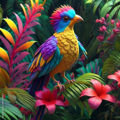 beautiful exotic bird in a tropical forest, highly detailed, exotic flowers and trees, wide angle, Generative AI © Pixel Visions