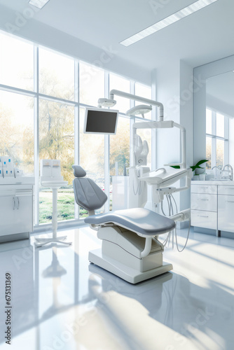 Dental room with chair and monitor on the wall.