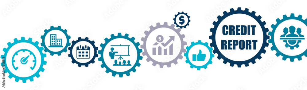 Credit report banner vector illustration with the icons of business finance, loan, money, banking, payment, document, technology, accounting, analysis, performance, budget on white background