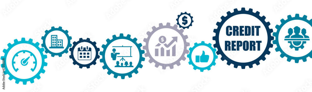 Credit report banner vector illustration with the icons of business finance, loan, money, banking, payment, document, technology, accounting, analysis, performance, budget on white background Credit report banner vector illustration with the icons of business finance, loan, money, banking, payment, document, technology, accounting, analysis, performance, budget on white background