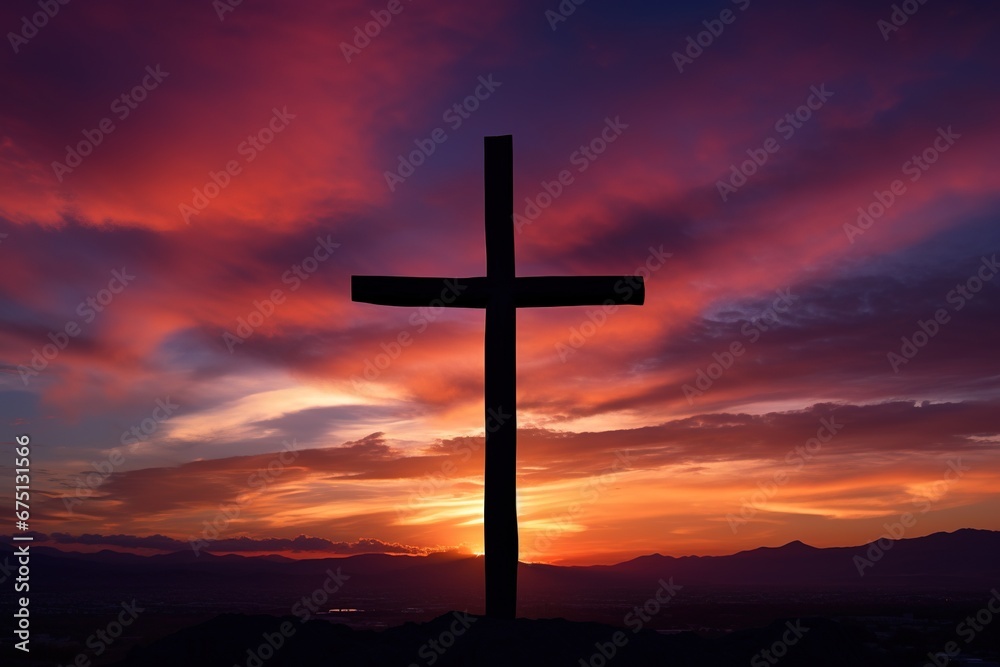 Concept or conceptual wood cross or religion symbol shape over a sunset sky background banner Concept or conceptual wood cross or religion symbol shape over a sunset sky background banner