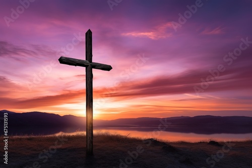 Concept or conceptual wood cross or religion symbol shape over a sunset sky background banner