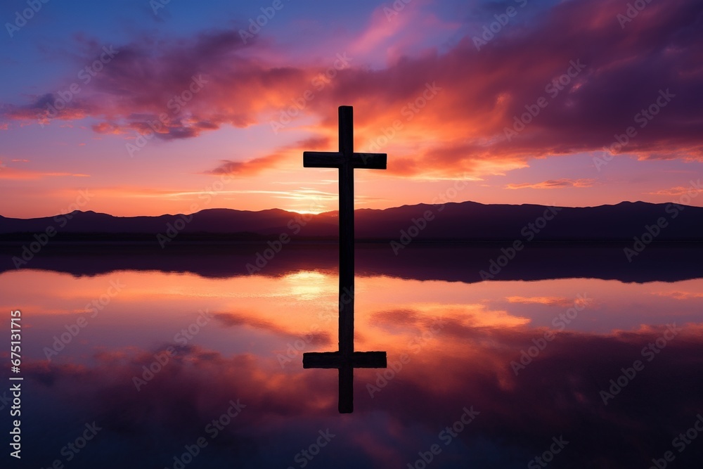 Concept or conceptual wood cross or religion symbol shape over a sunset sky background banner