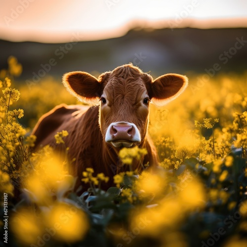 A small brown cow in a sunlight flower lined meadow.