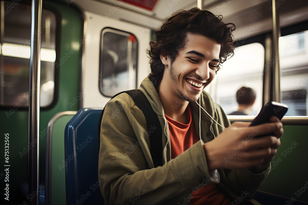 happy man in the train playing games on his smartphone - obrazy, fototapety, plakaty 